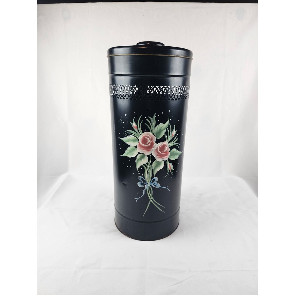 Vintage Black Metal Laundry Hamper Hand Painted Roses Floral Storage Bin W Lid
